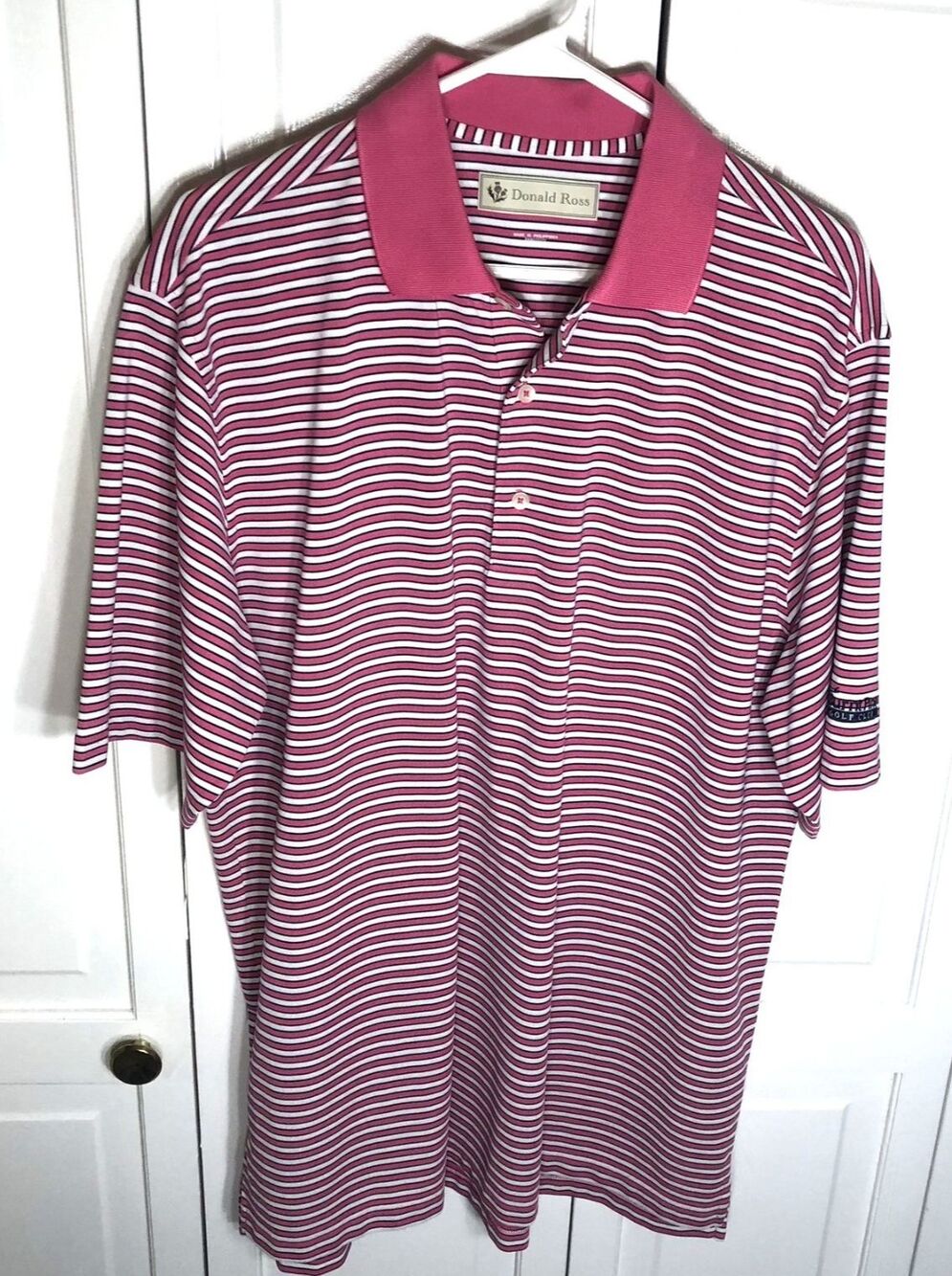 DONALD ROSS Men's Large Golf Polo Shirt Burnt Pine CC Pink Striped Performance